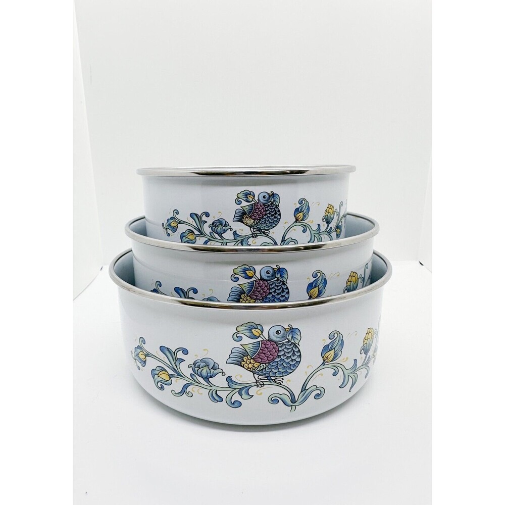 Vintage Kobe Nesting Bowls Mixing Enamel Metal Kitchen Folk Art Nouveau Bird
